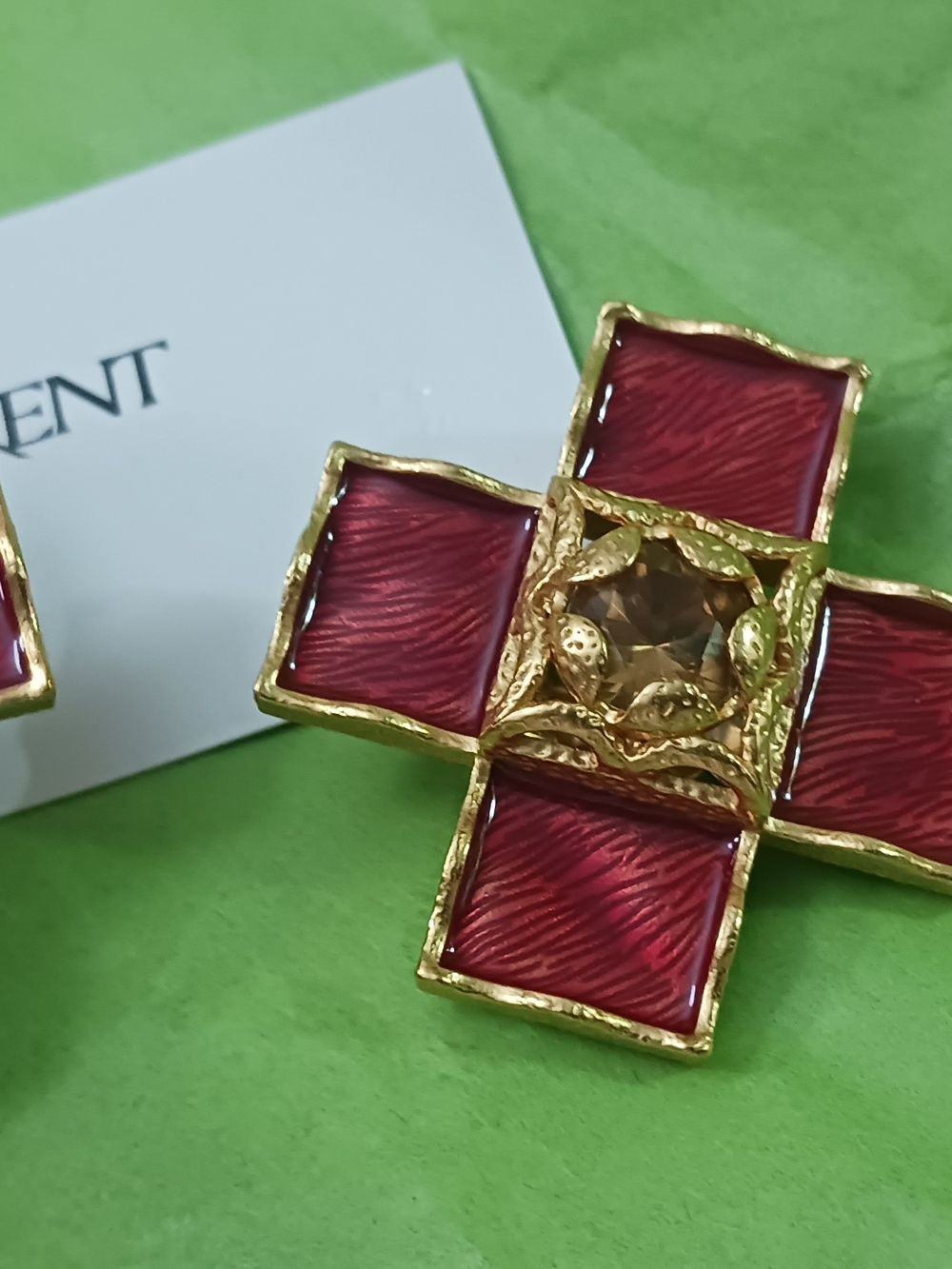 Red and Gold Statement Cross Earrings by Saint Laurent Clip Ons Made In FRANCE - Picture 4 of 13